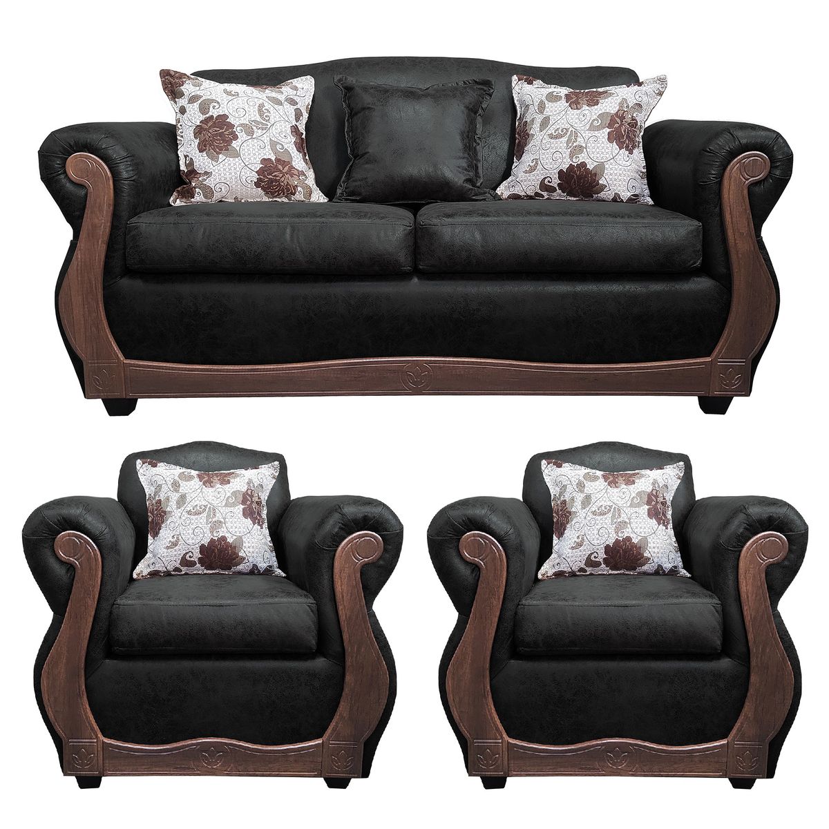 AMERICA DECORA - Living Con Resorte Estructural 5 Cuerpos 3+1+1 Grand Santi Envejecido Negro X