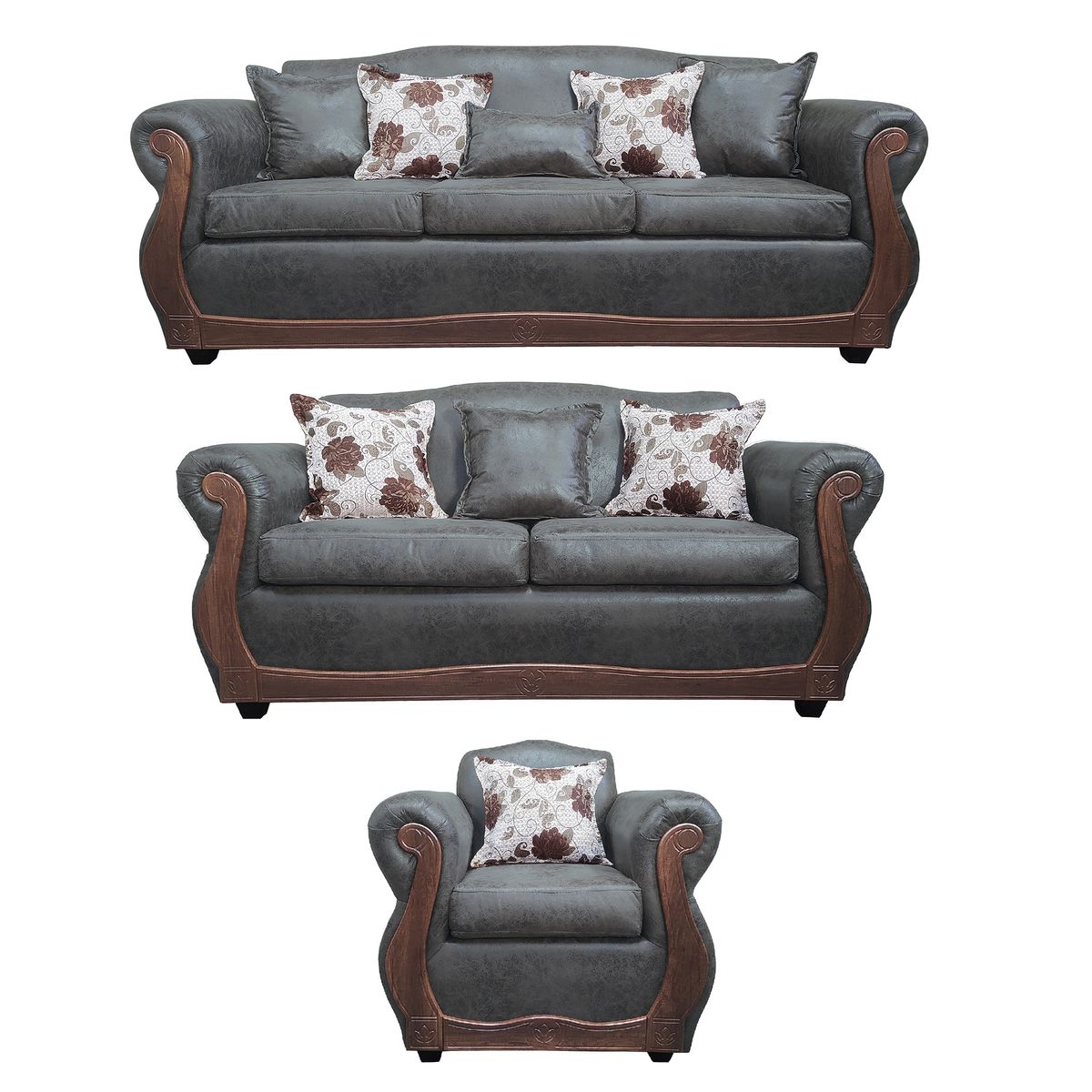 AMERICA DECORA - Living Con Resorte Estructural 8 Cuerpos 4+3+1 Grand Santi Envejecido Gris Oscuro X