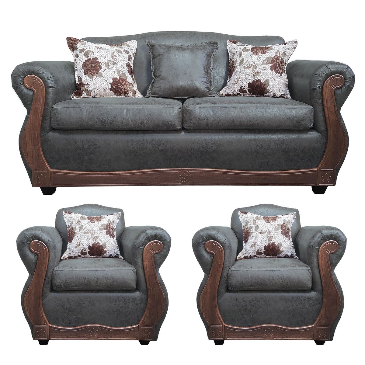 AMERICA DECORA - Living Con Resorte Estructural 5 Cuerpos 3+1+1 Grand Santi Envejecido Gris Oscuro X