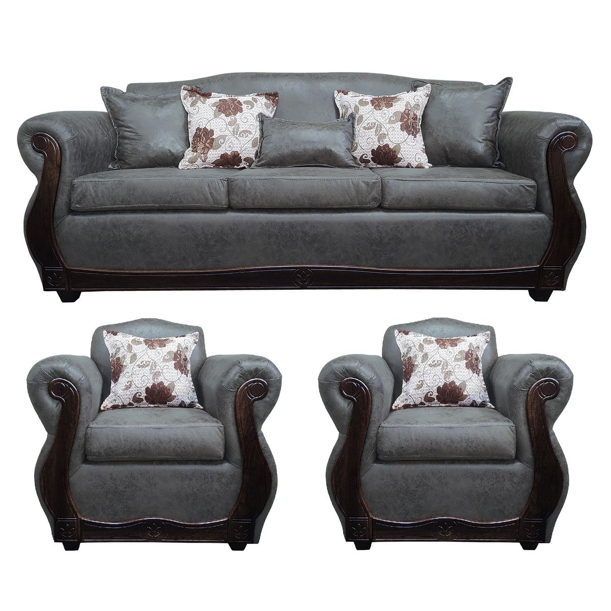 AMERICA DECORA - Living Con Resorte Estructural 6 Cuerpos 4+1+1 Grand Santi Envejecido Gris Oscuro