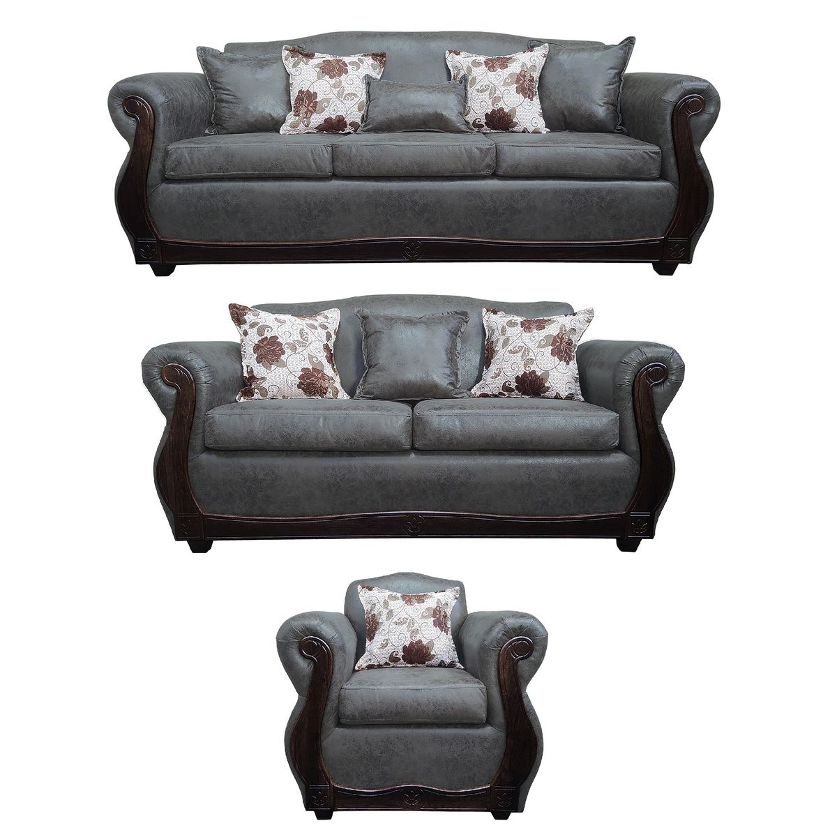 AMERICA DECORA - Living Con Resorte Estructural 8 Cuerpos 4+3+1 Grand Santi Envejecido Gris Oscuro