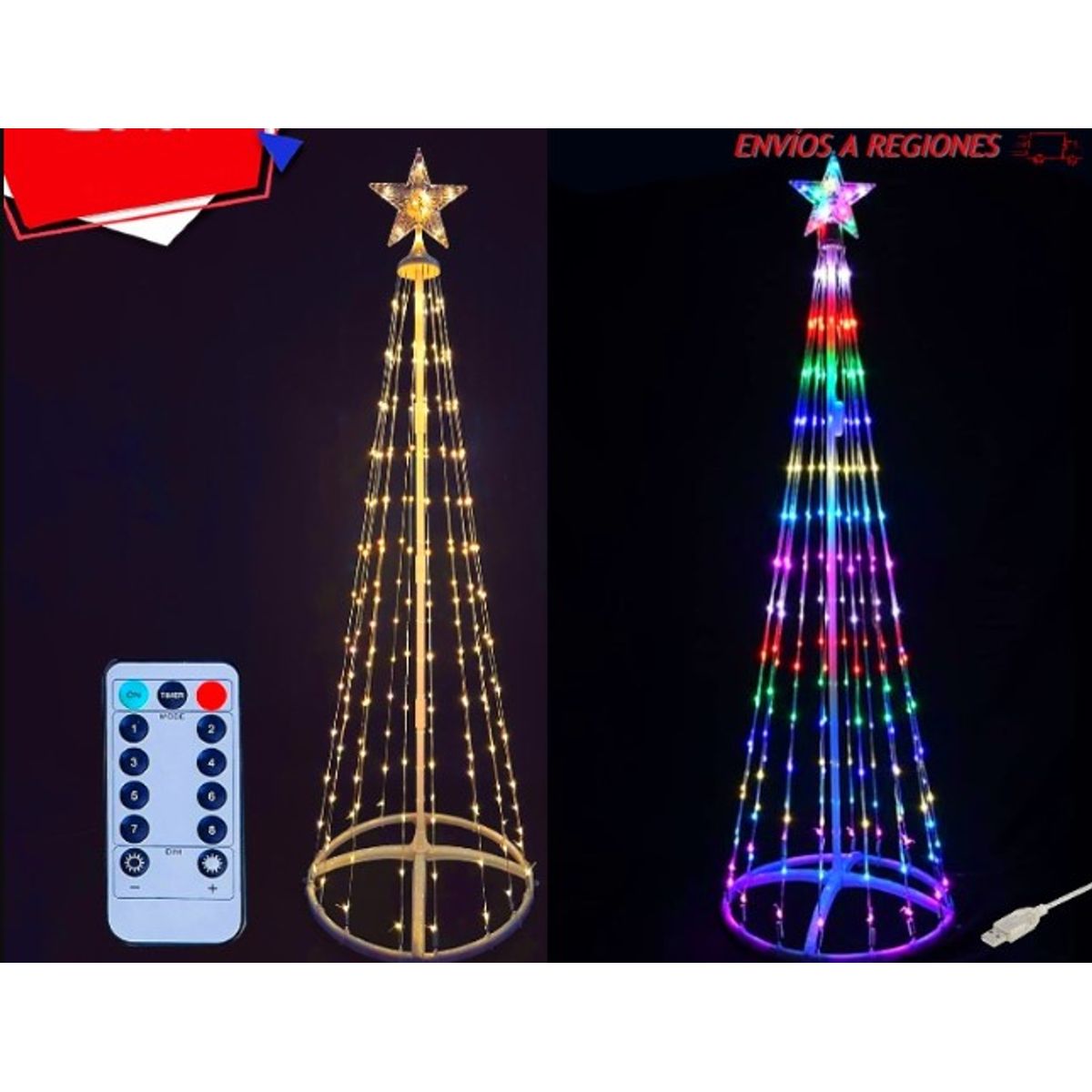 GENERICO - Arbol Cono Led Con Control 8 Modos - Enchufe USB Navidad Multicolor