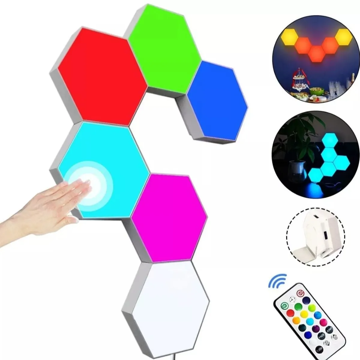 GENERICO - Set 6 Luces Hexagonales Led Rgb + Control Lampara