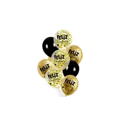 GENERICO - Set Globos Latex Feliz Cumpleaños Negro-dorado 9pcs