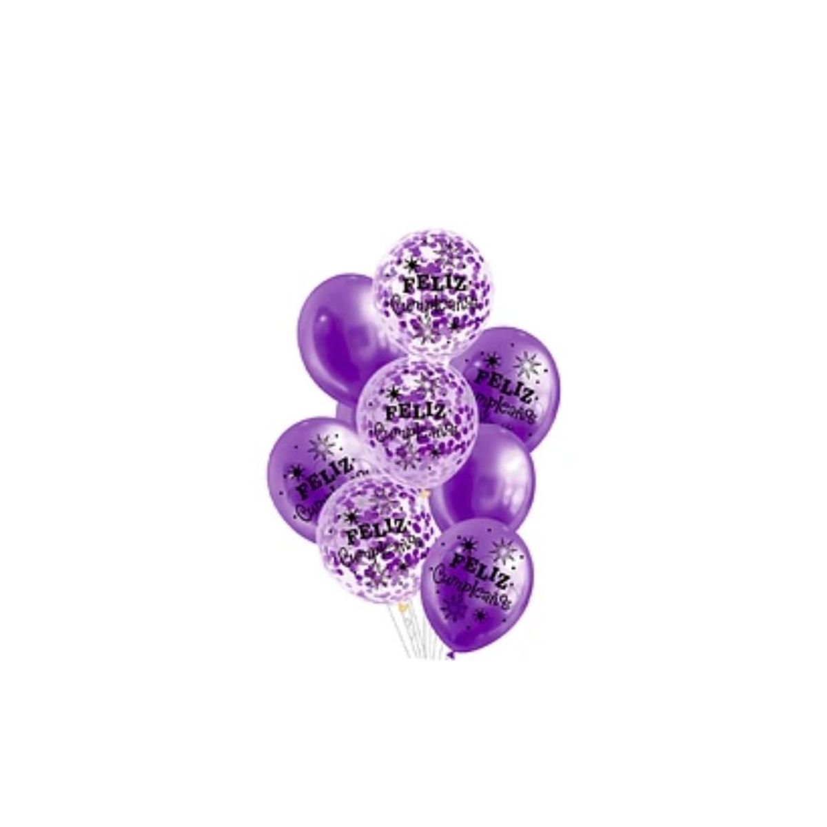 GENERICO - Set De Globos Látex Feliz Cumpleaños Morado Confeti 9pcs