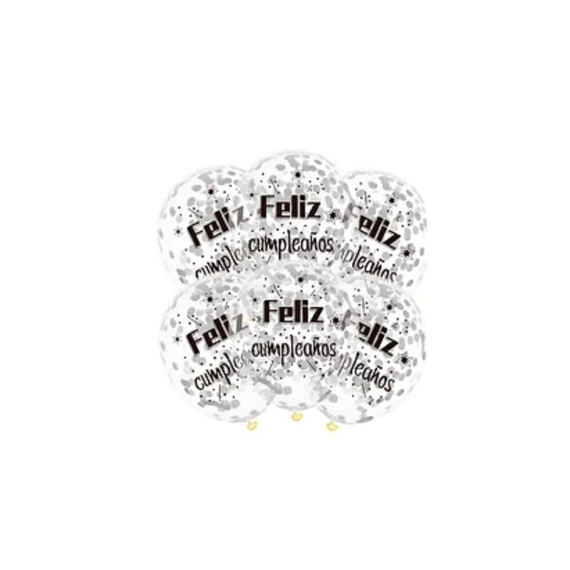 GENERICO - Set Globos Látex Transparente Feliz Cumpleaños Confeti 6pcs