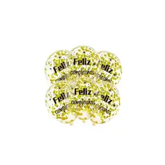 GENERICO - Set Globos Látex Transparente Feliz Cumpleaños Confeti 6pcs