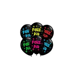 GENERICO - Set Globos Latex Negro Feliz Dia Letras Fluor 6pcs