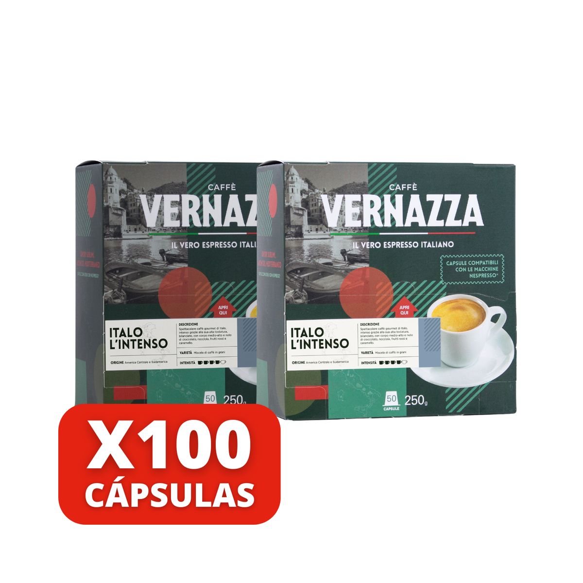 CAFFE VERNAZZA - Café Italo L'intenso 100 Cápsulas Nespresso compatibles