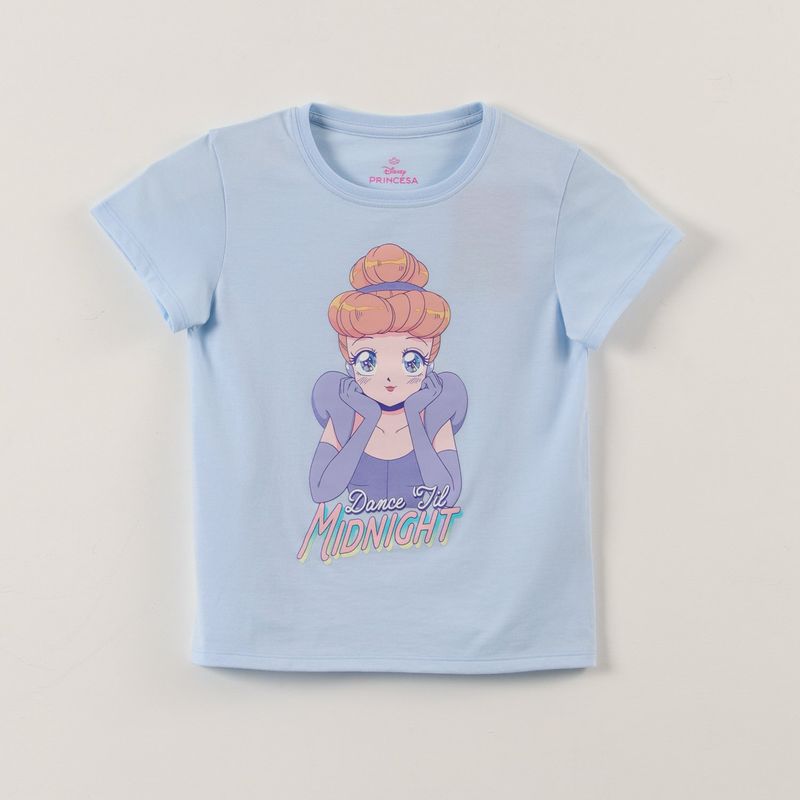 DISNEY - Polera Manga Corta Niña Cenicienta Princesas Celeste Disney