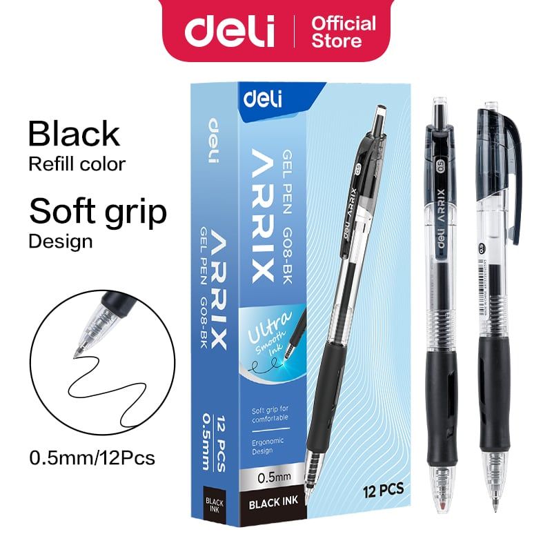 DELI - pack 36 Lápiz tinta gel retráctil 05 mm negro extra suave