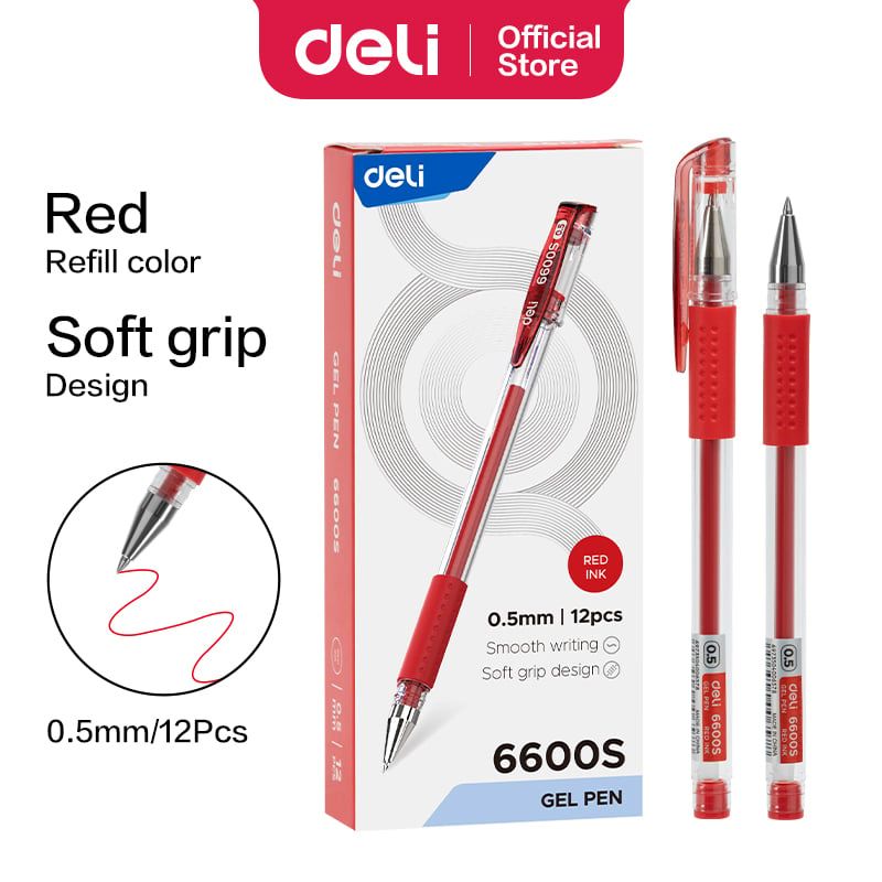 DELI - pack 36 Lápiz tinta gel 05 mm rojo con grip suave