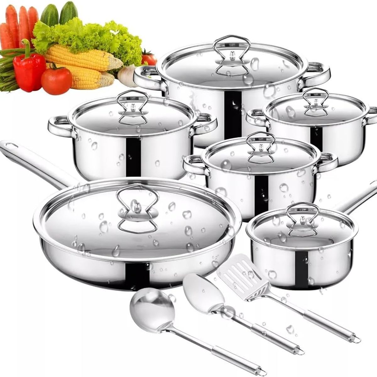 BLUEDREAMER - Batería De Cocina 15 Piezas Acero Inoxidable Doble fondo