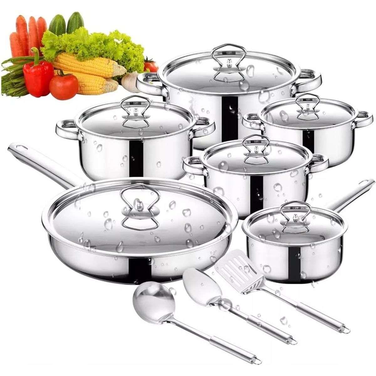 BLUEDREAMER - Batería De Cocina 15 Piezas Acero Inoxidable Doble fondo