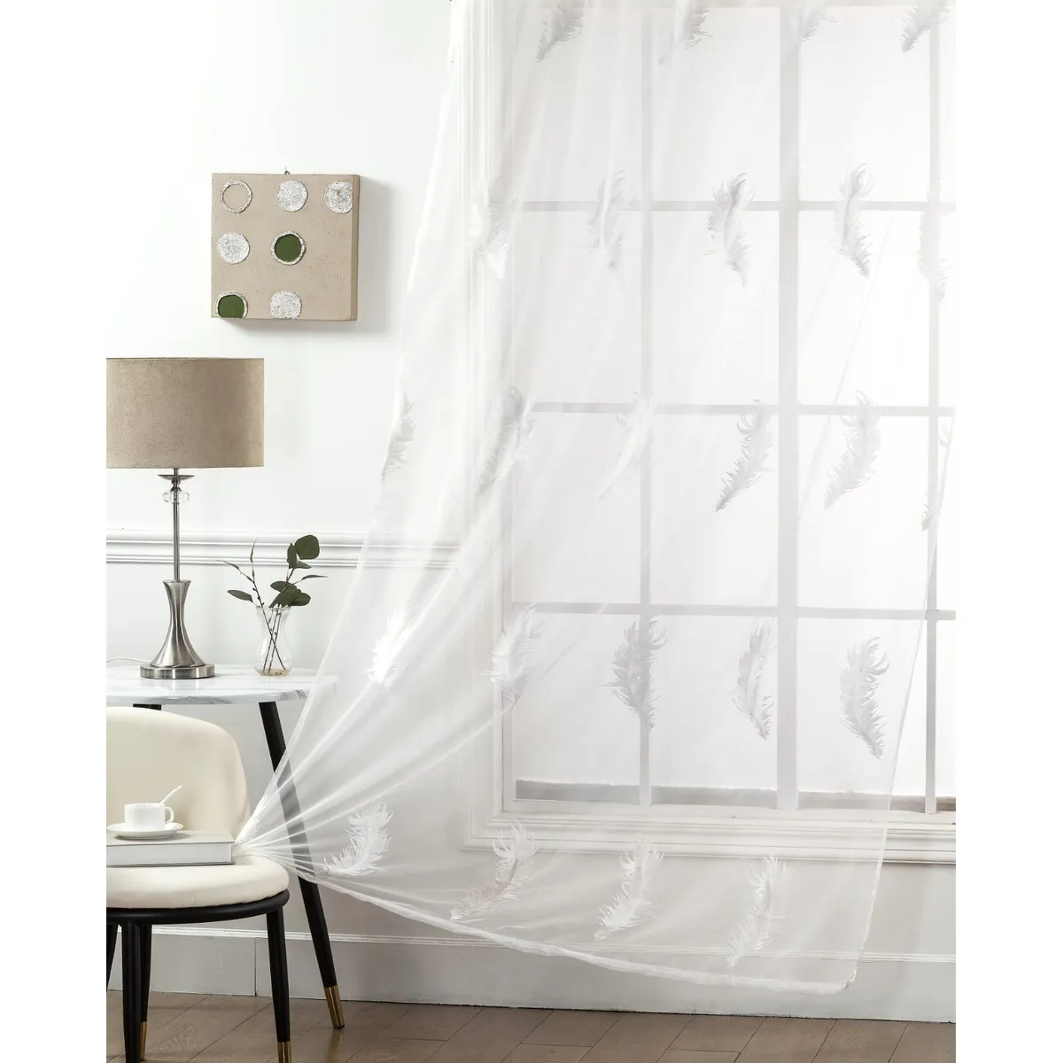 DIANA - visillo translucido bordado PLUMAJE140x230 2 paño con argolla TF