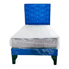 GENERICO - Cama Europea 1P Respaldo Azul Eco Cuero diamante Colchón Resorte