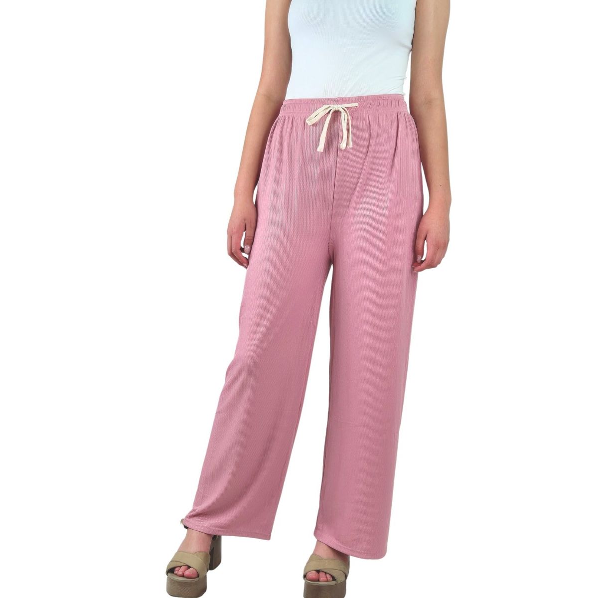 LIKE SHOP - Pantalon Palazzo Acanalado Mujer Cintura Elasticada Verano Colores 369