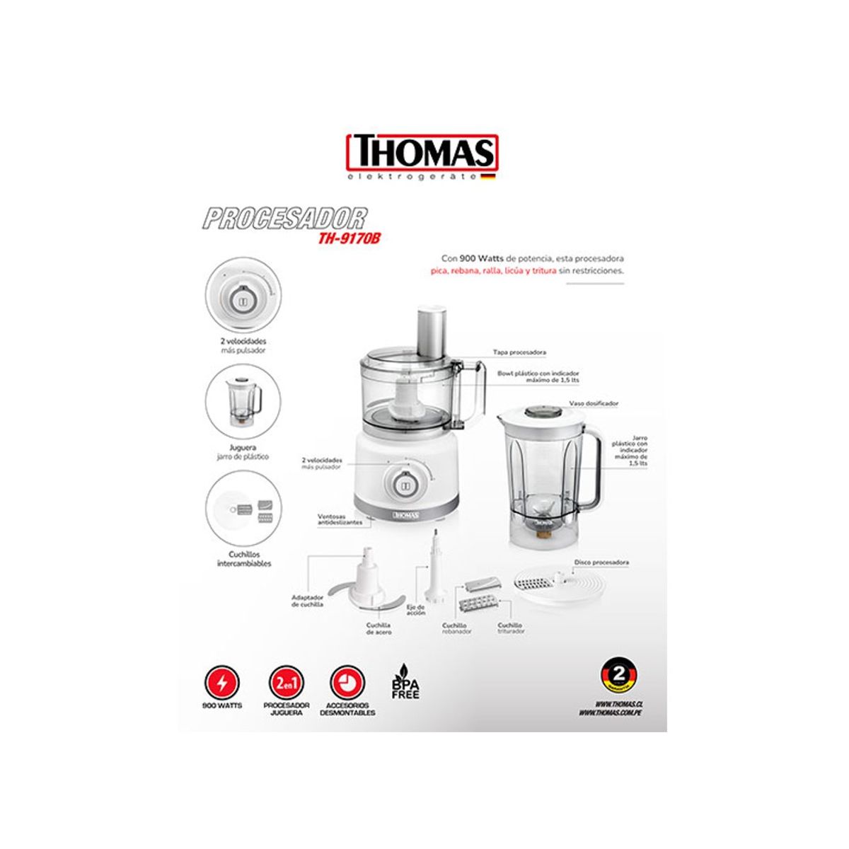 THOMAS - Licuadora y Procesadora Alimentos 900w Blanco TH 9170B