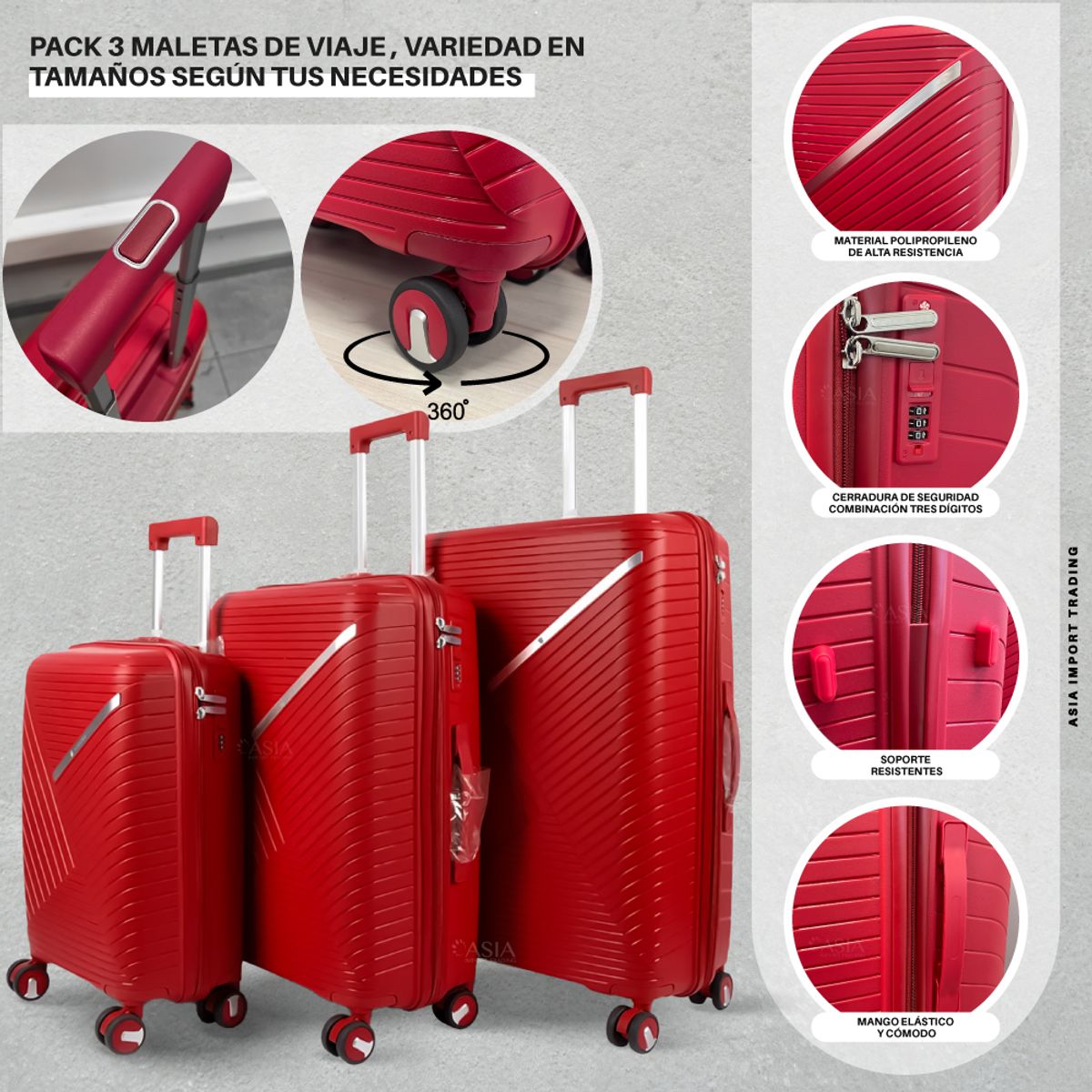 HOME & DESING - Set de 3 Maletas Rígidas color Rojo