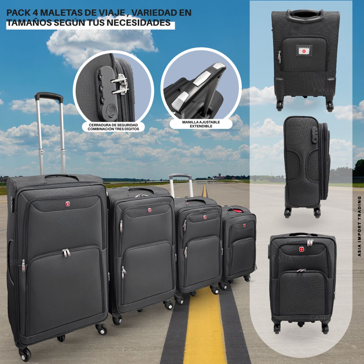 HOME & DESING - Set de 4 Maletas Blandas color Negro