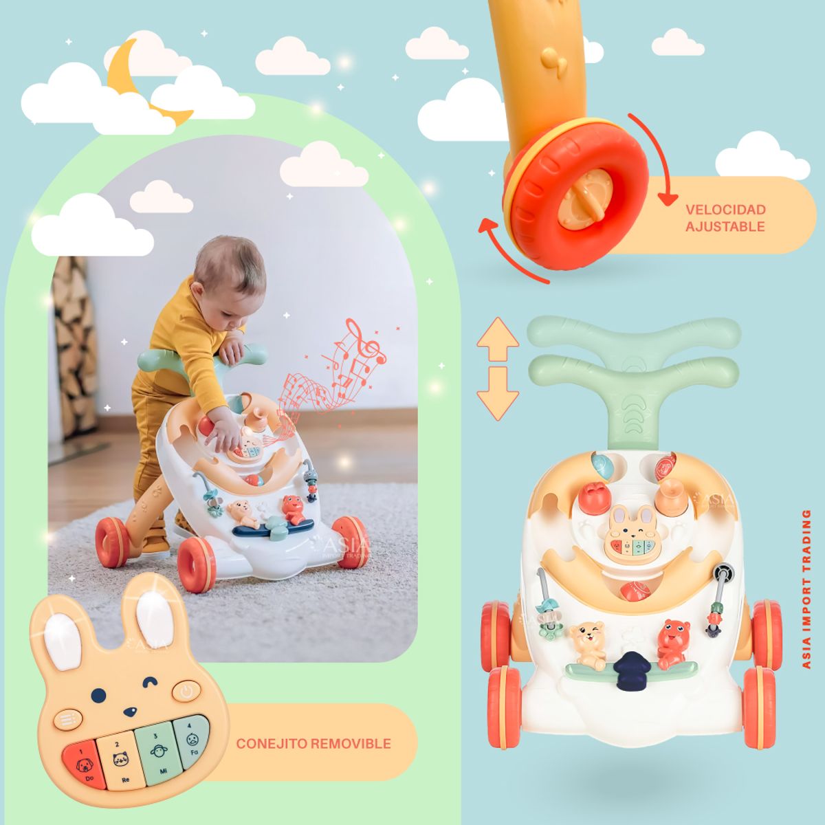 KIDSTAR - Andador Caminador Musical Bebé Conejito 2 En 1 Con Freno Ajustable