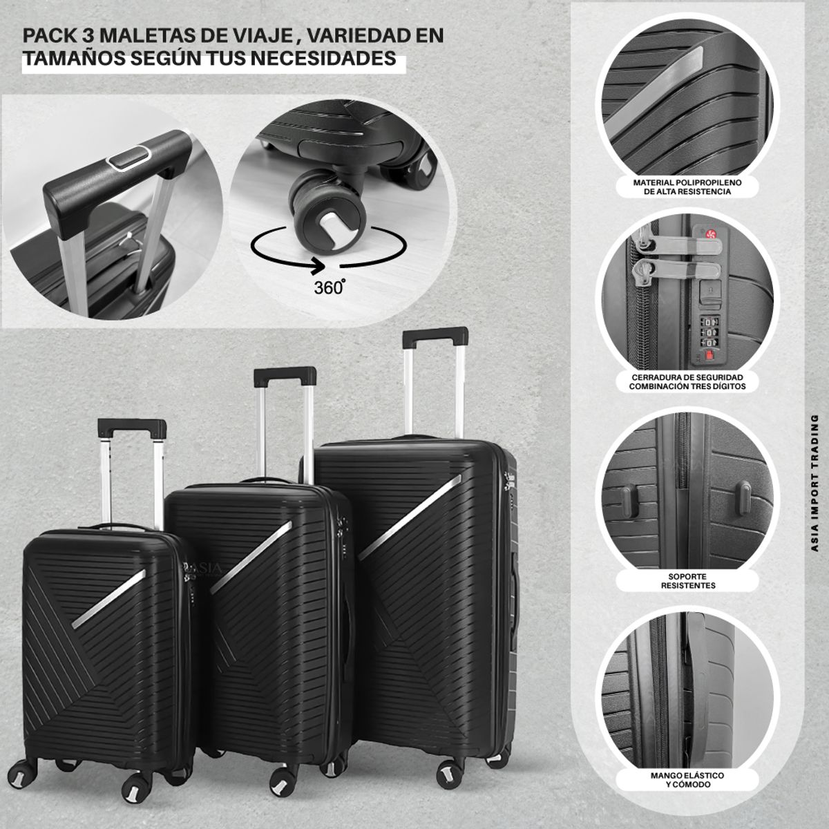 HOME & DESING - Set de 3 Maletas Rígidas color Negro