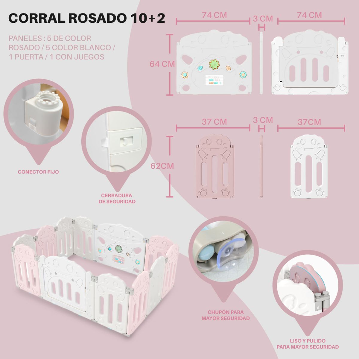 KIDSTAR - Corral para bebe modelo 10+2 paneles rosado