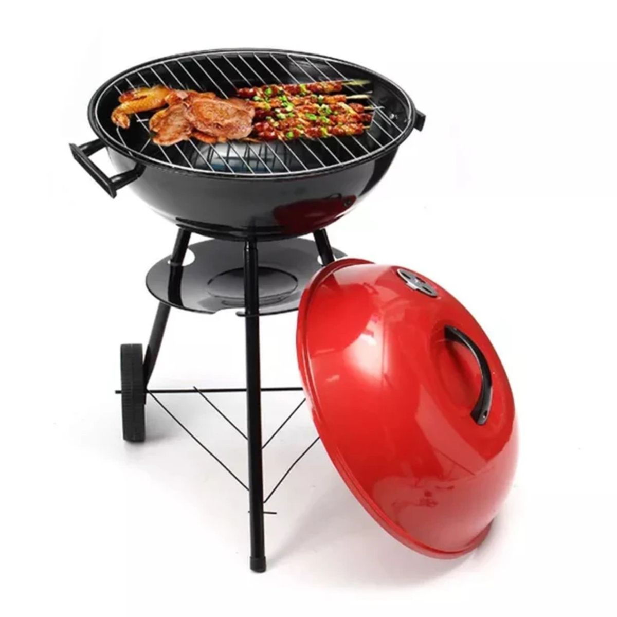 HOME & DESING - Parrilla a Carbón con Tapa y Ruedas – Tipo Kettle 43 cm Roja
