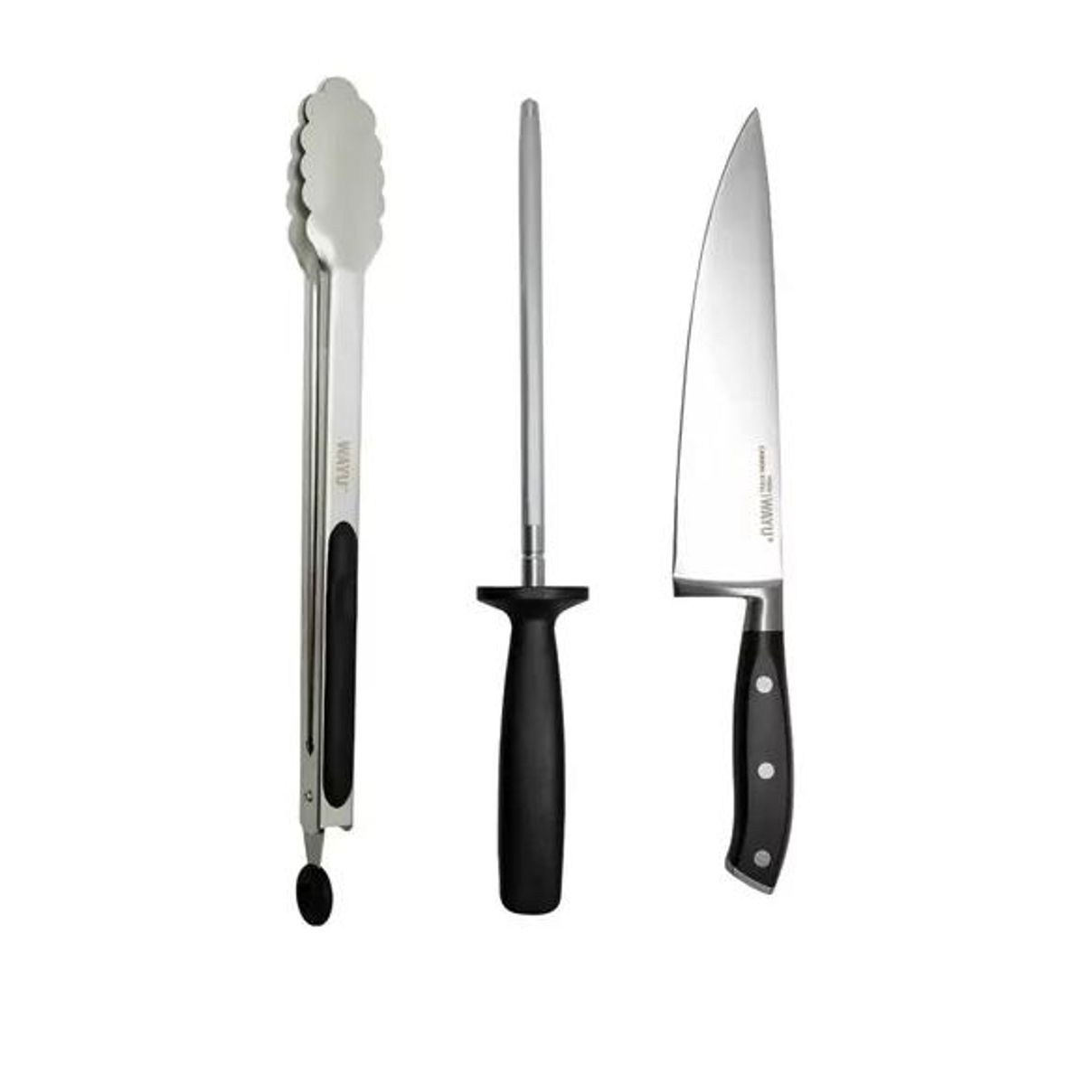 GENERICO - Set Parrillero 3 Piezas Wayu cuchillo + Pinzas + Afilador