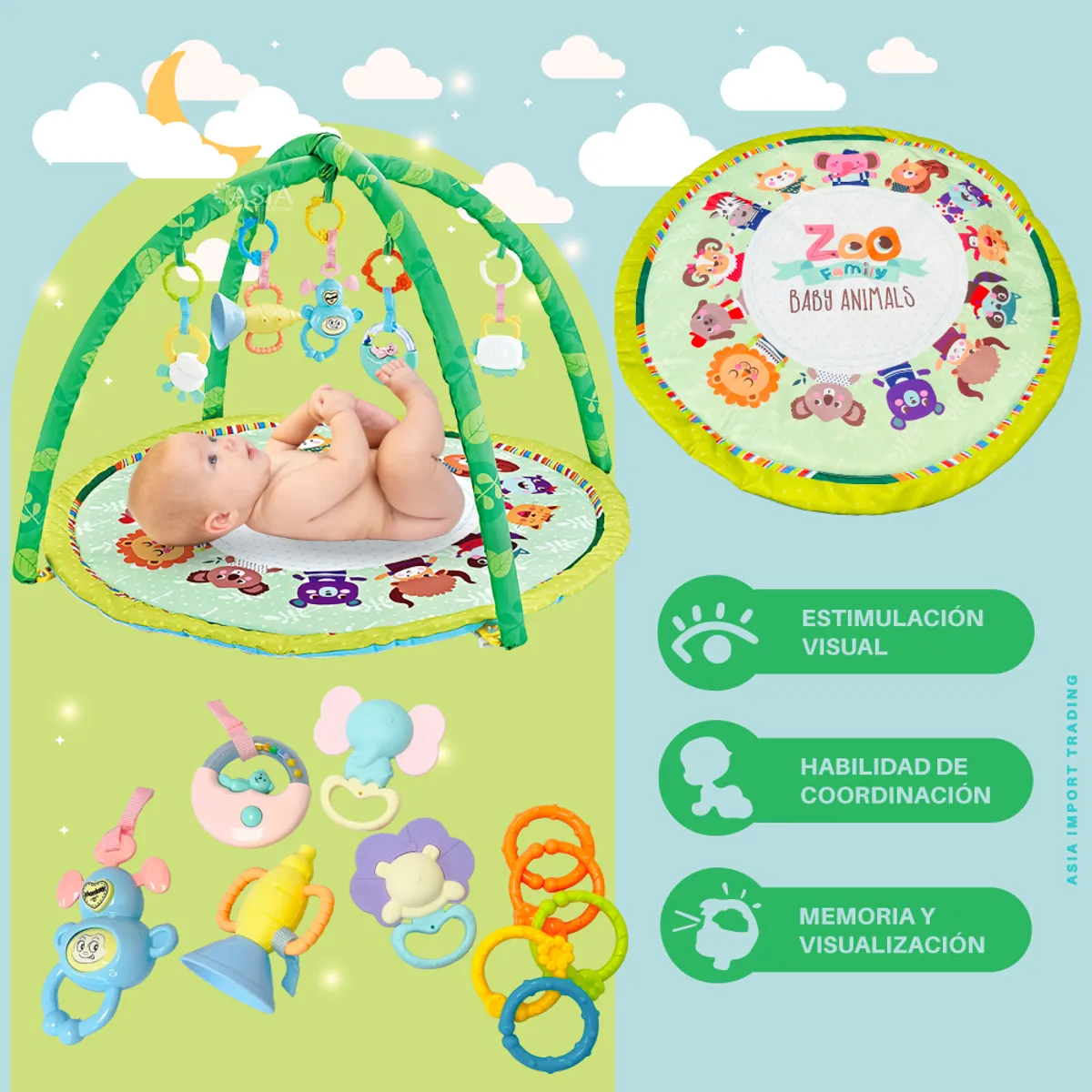 KIDSTAR - Gimnasio de Juegos para Bebé “Zoo Baby Animals” Alfombra Redonda Sensorial