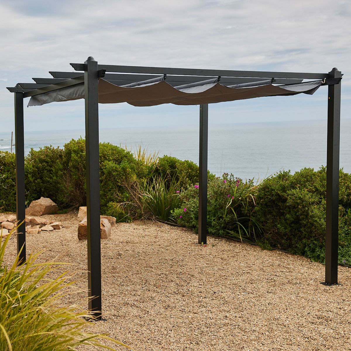 RELAN - Pérgola Retráctil Gris Relan Tipo Romana Gazebo Toldo 3x3