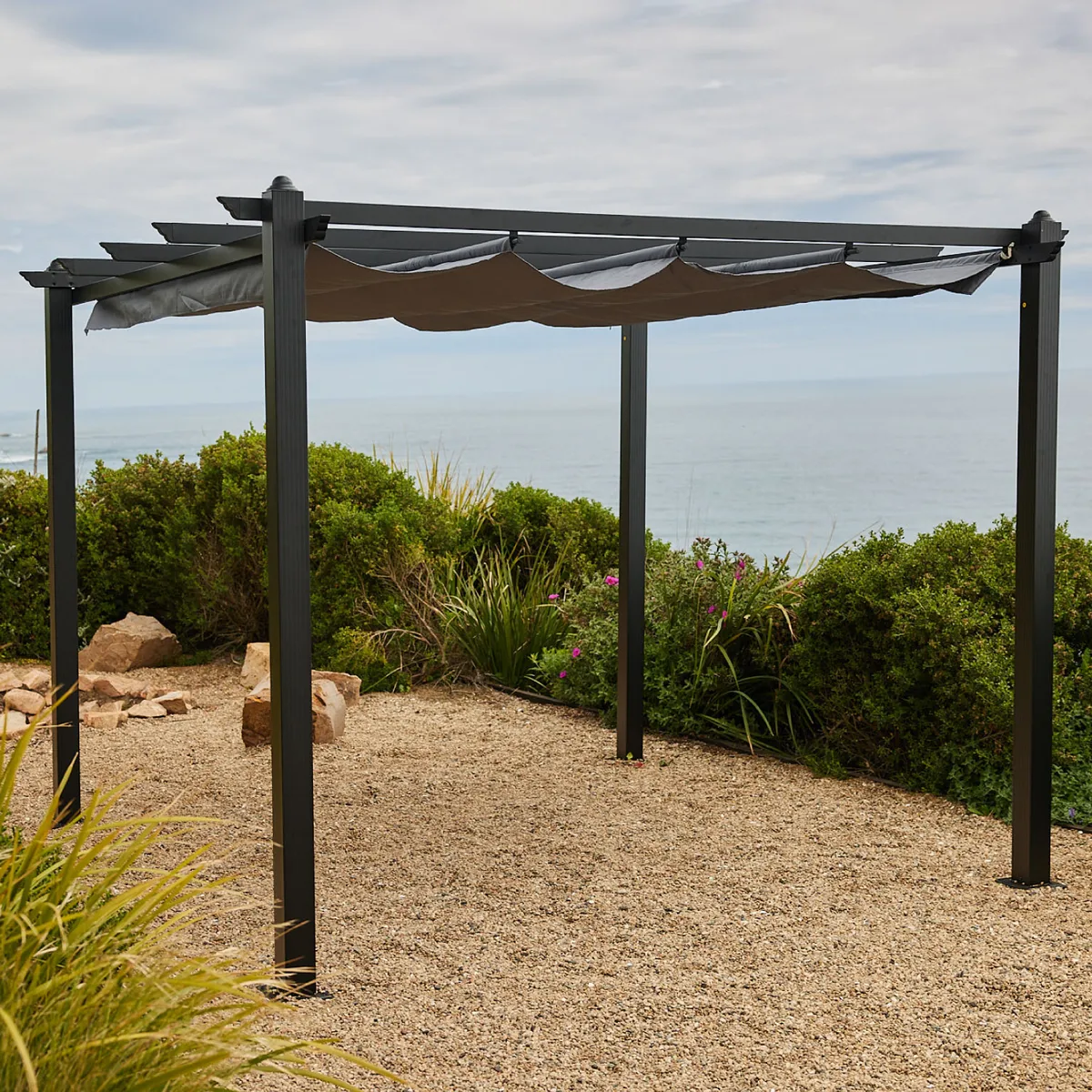 RELAN - Pérgola Retráctil Gris Relan Tipo Romana Gazebo Toldo 3x3