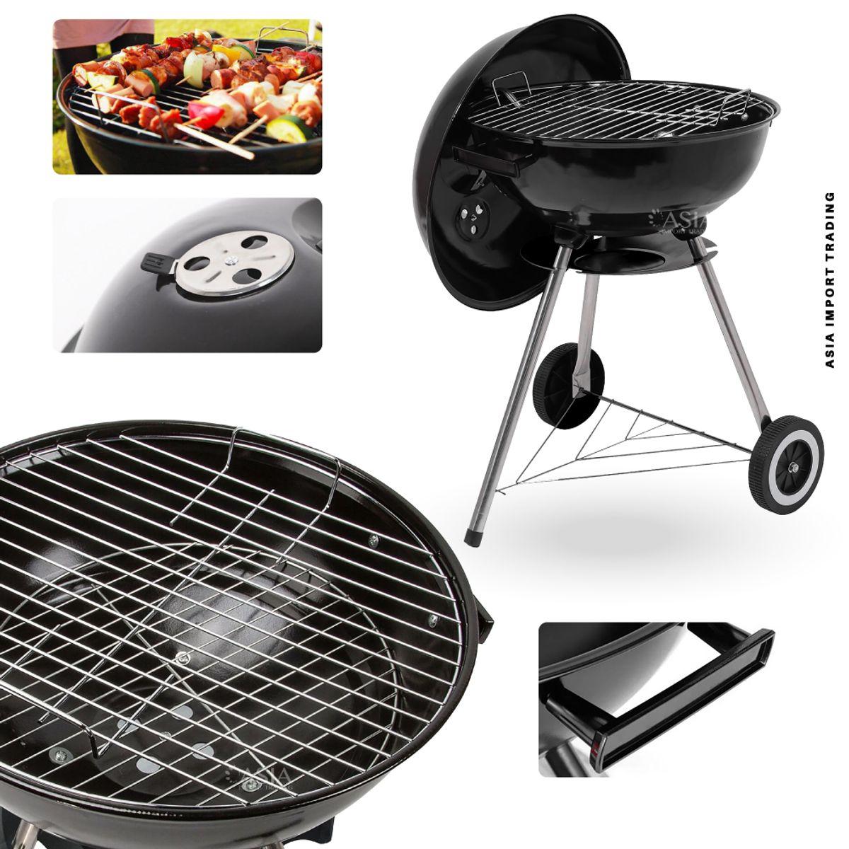 HOME & DESING - Parrilla a Carbón con Tapa y Ruedas – Tipo Kettle 43 cm