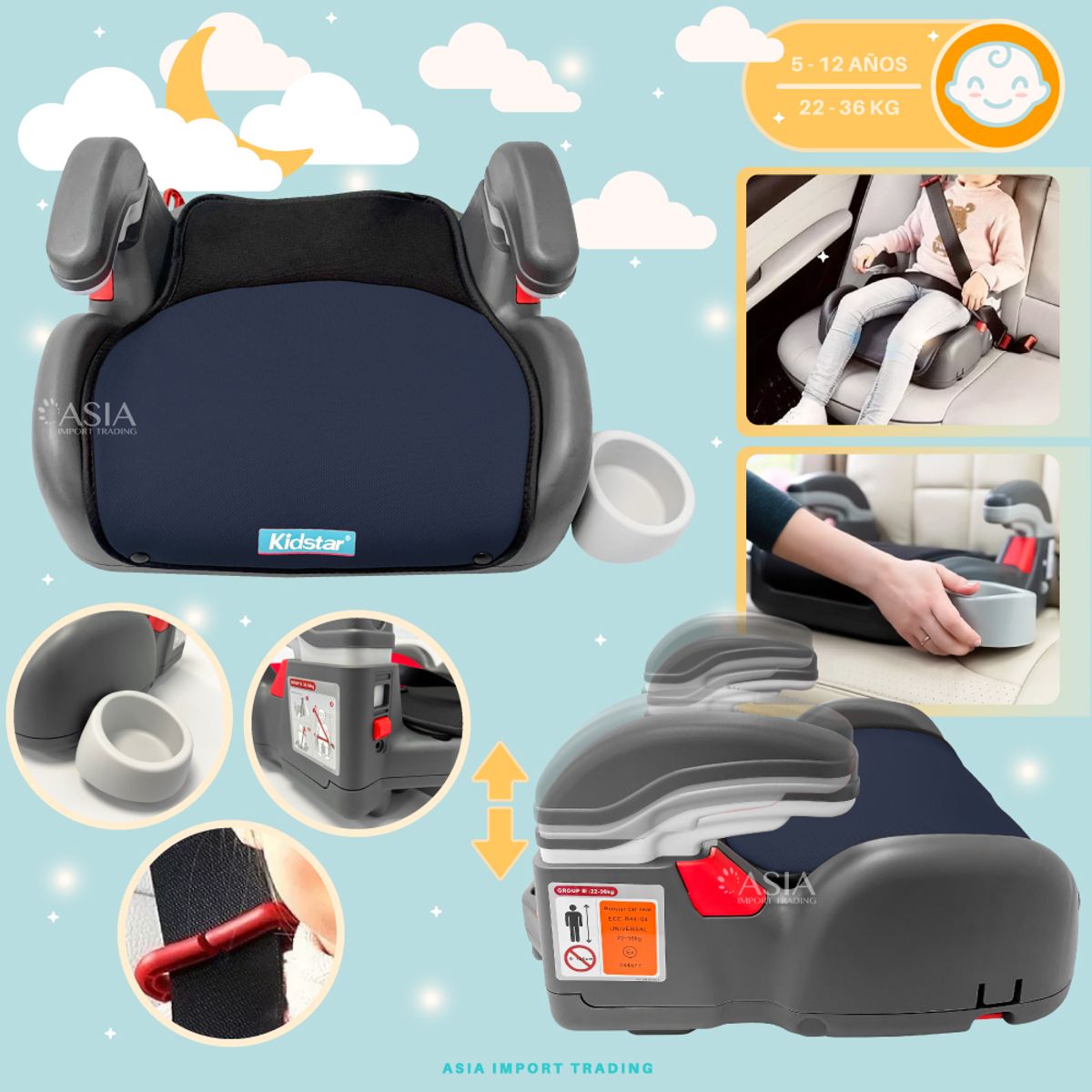 KIDSTAR - Alzador de Auto Kidstar Booster Azul con Portavasos - 22–36 kg (5–12 años)