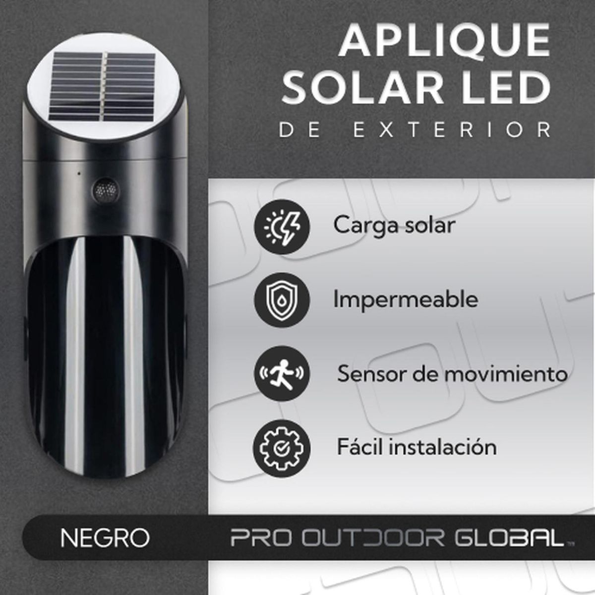 PRO OUTDOOR - Aplique Led Solar Para Exterior Negro
