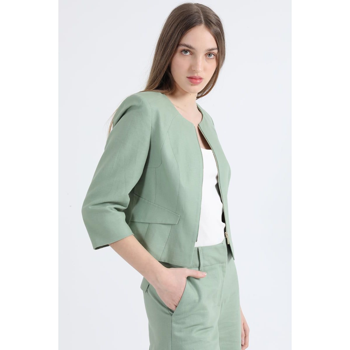 LIOLA - Chaqueta Entallada Lino Algodón, Verde Liola