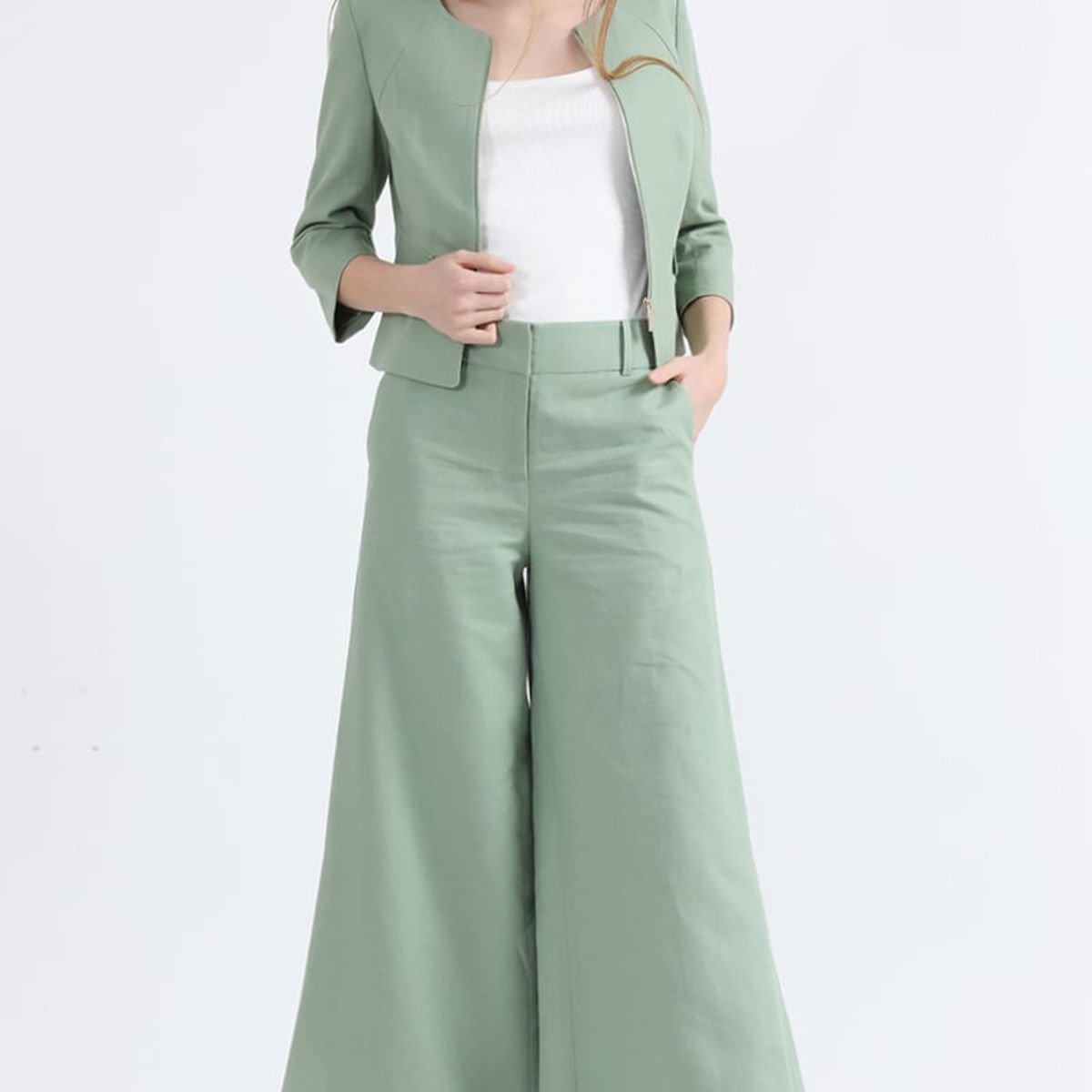 LIOLA - Chaqueta Entallada Lino Algodón, Verde Liola