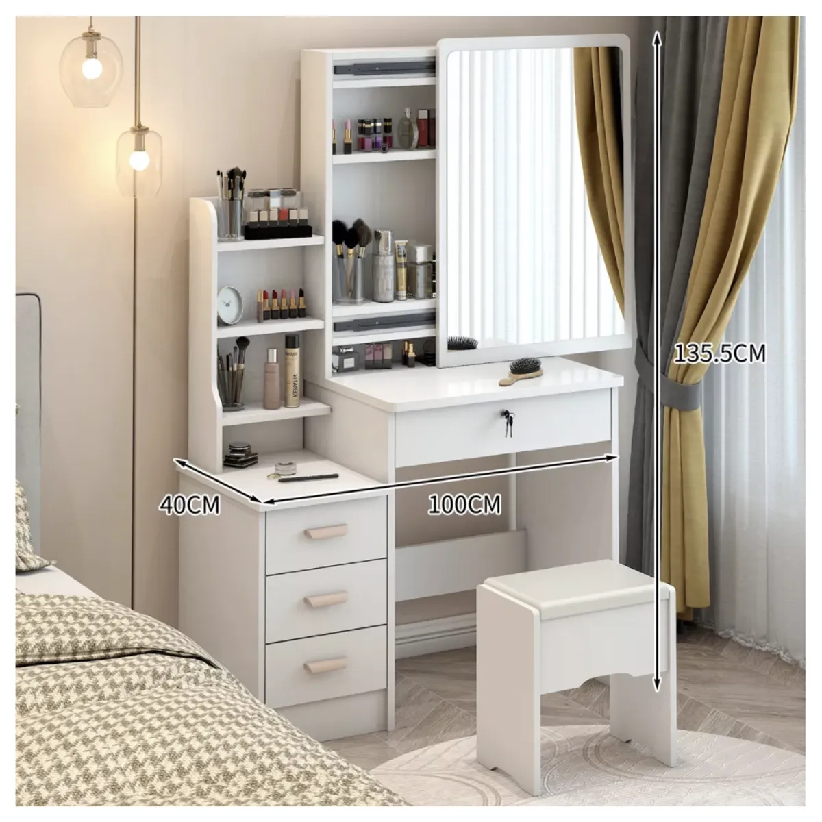 HOMER DESIGN - Tocador XL Con Espejo Movible 100 de ANCHOx40x131cm Con Taburete