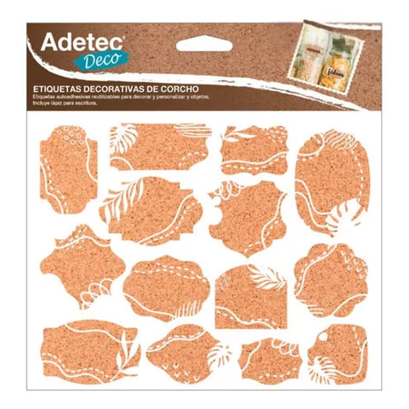 ADETEC - 16 Etiquetas Decorativa Diseño Corcho Con Lapíz Adetec