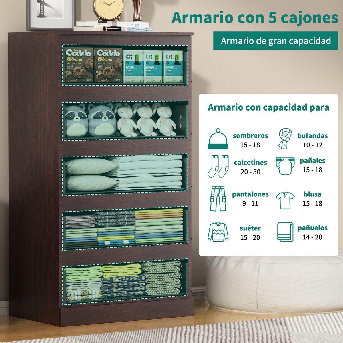 AIZO - Cómoda 5 cajones AIZO Organizador Sencillez Moderna nogal 109x41x60cm
