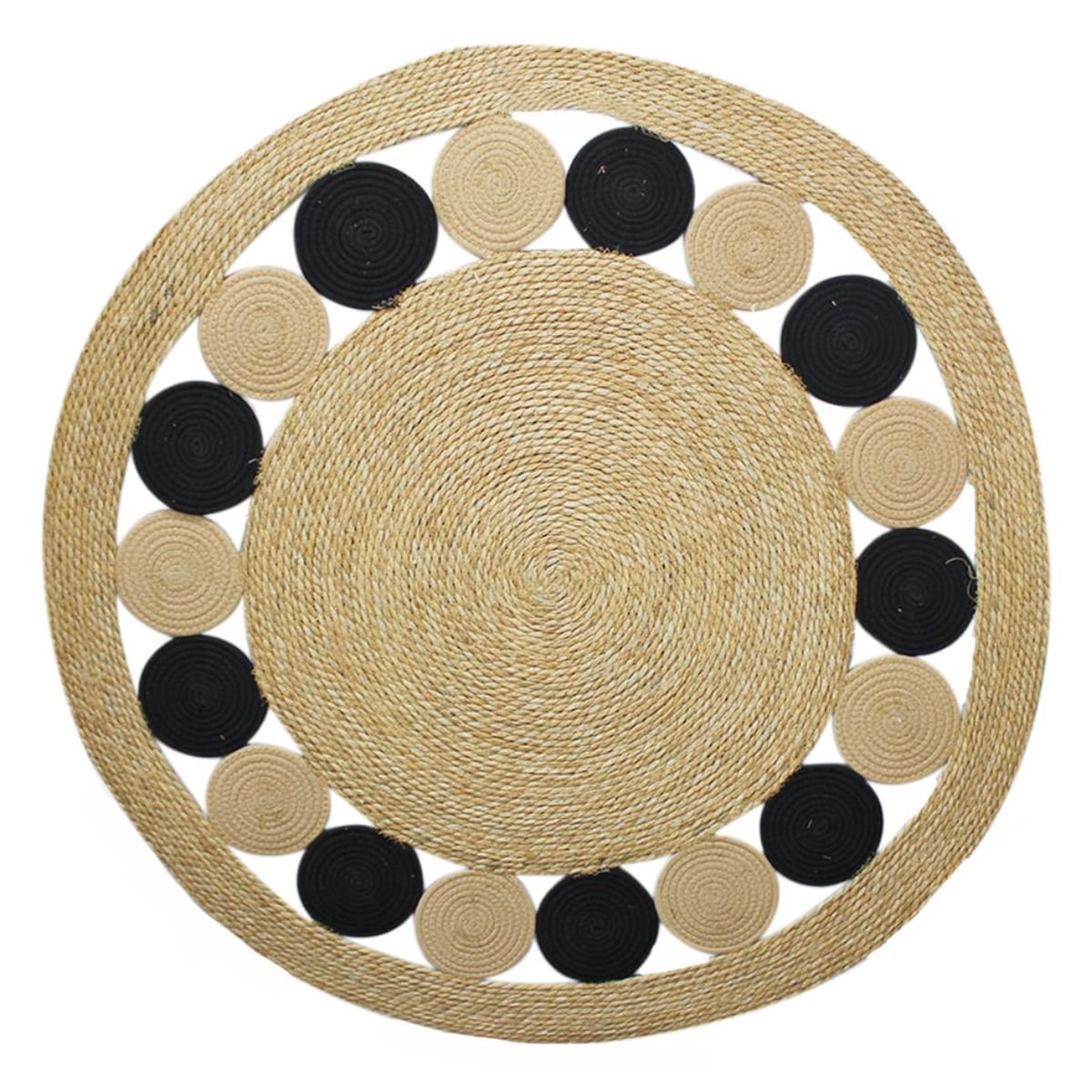 GENERICO - Alfombra Redonda De Yute Borde De Circulos Negro y Franja