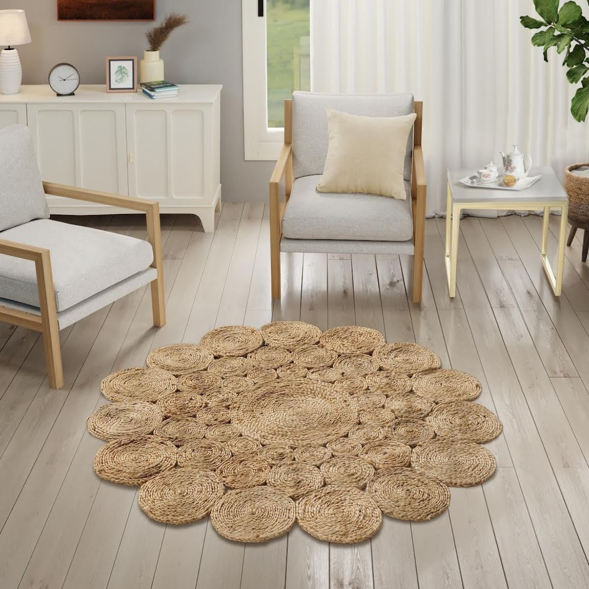 GENERICO - Alfombra Redonda De Yute Todo Circulos Color Natural