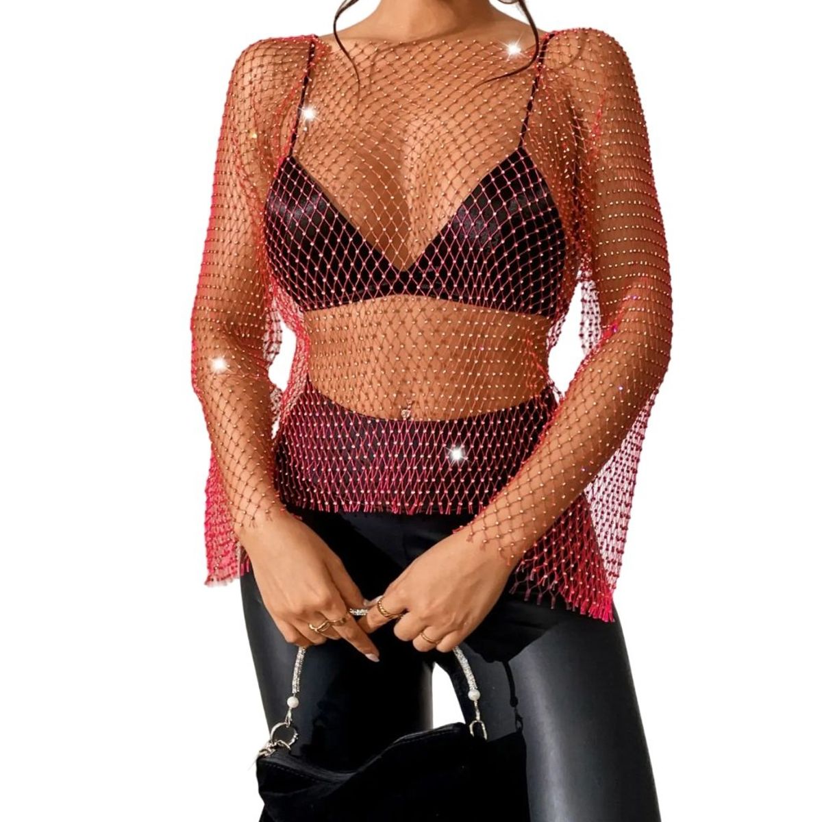 GARSIL - Polera Para Mujer Tipo Malla De Mangas Larga Con Detalles En Brillos