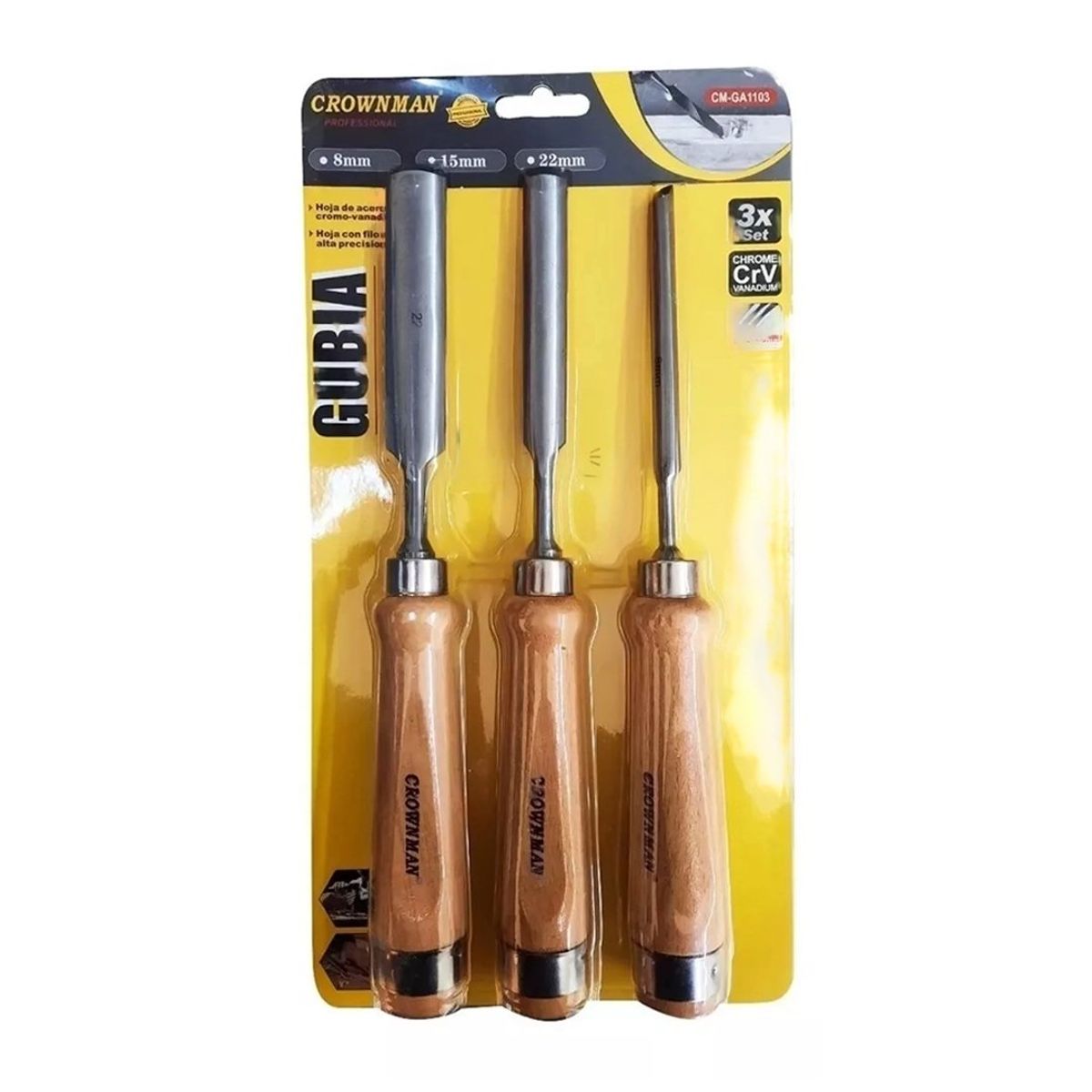 GENERICO - Set 3 Gubias Profesional Acero Mango Madera 8mm- 15mm- 22mm