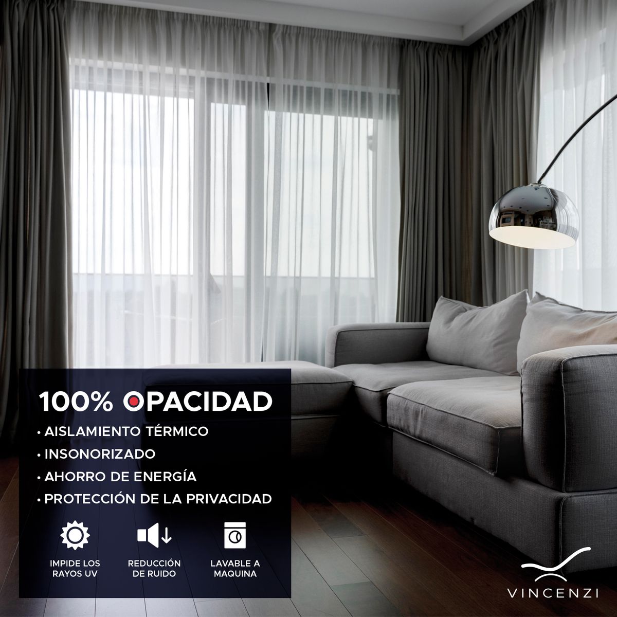 VINCENZI - Pack Cortina de Tela Blackout + Velo Vincenzi 140x220 Gris Grafito