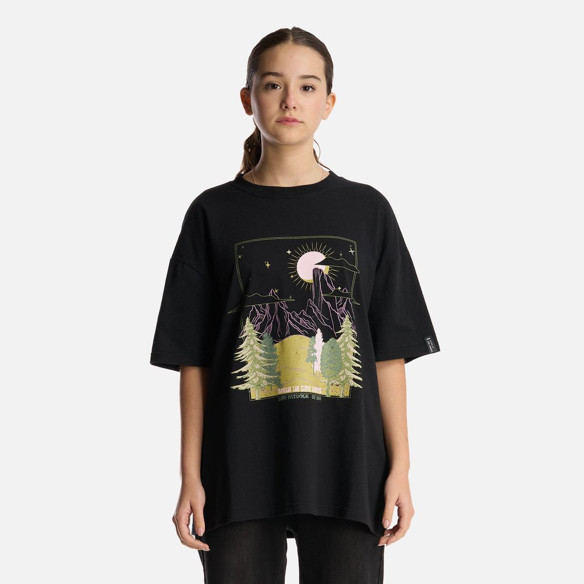 LIPPI - Polera Teen Girl Psychedelic Oversize T-Shirt Negro Lippi