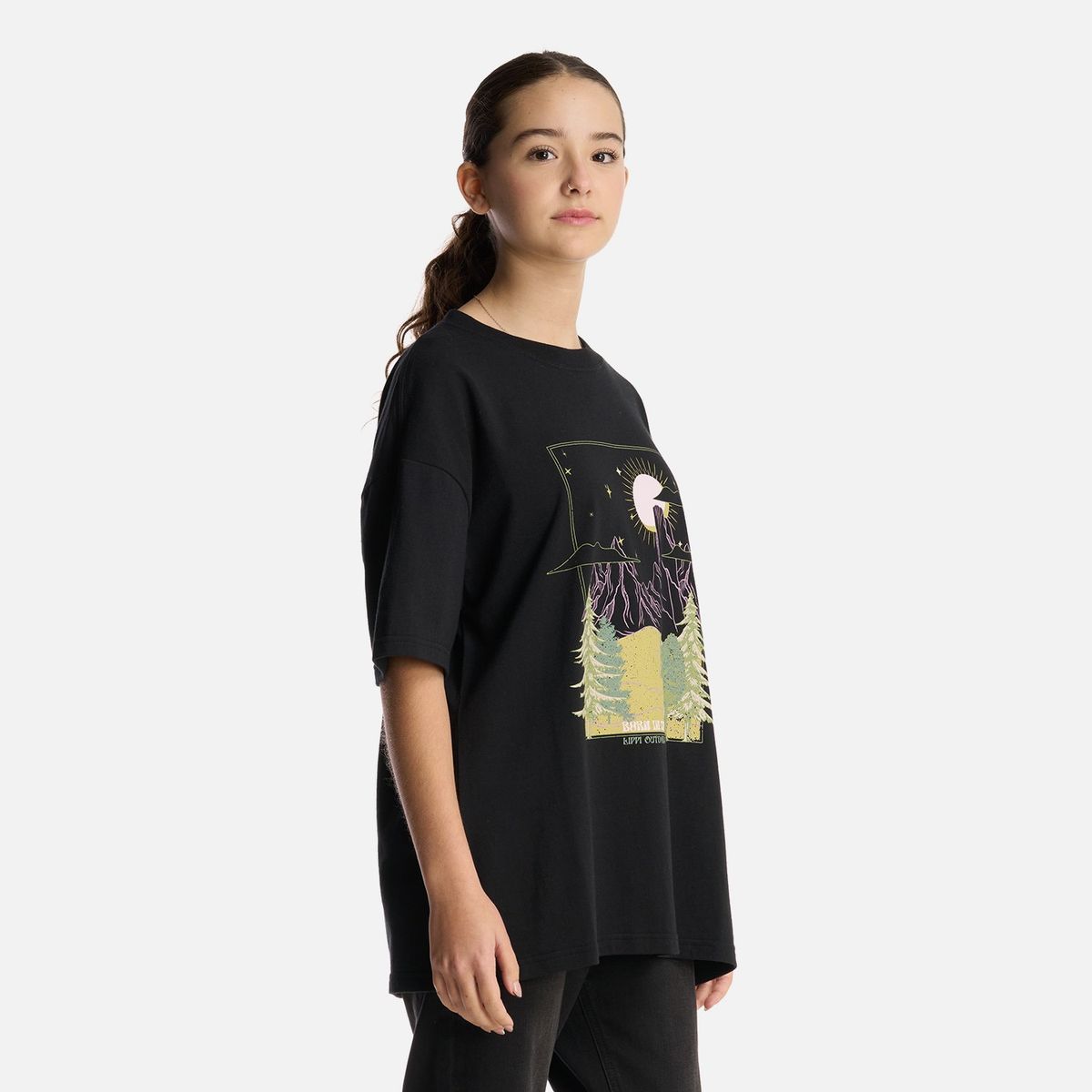 LIPPI - Polera Teen Girl Psychedelic Oversize T-Shirt Negro Lippi