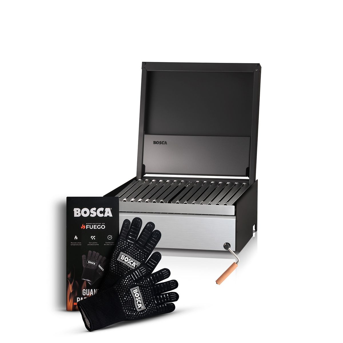 BOSCA - Pack Parrilla a Carbon Bosca Block 500 + Guantes Parrillero Bosca