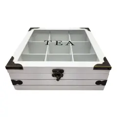 GENERICO - Caja De Té 9 Divisiones Tapa Con Diseño Decorativa Decohogar - Blanco