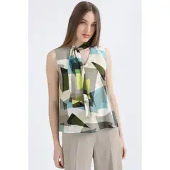 LIOLA - Blusa Lazada En Cuello, Estampado, Verde, Italia